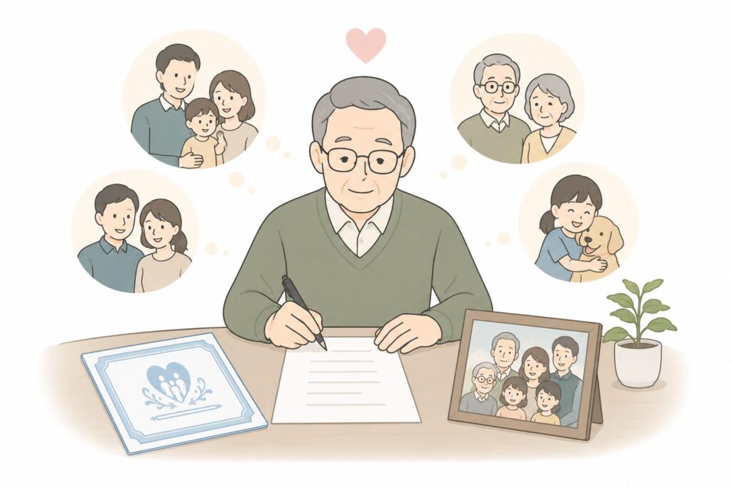 高齢者が家族への想いを考えながら遺言を書いている様子を示した温かいイラスト