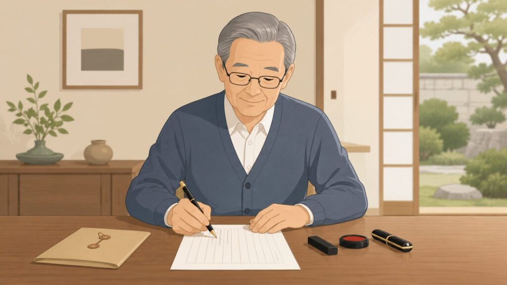 自宅の机で手書きの遺言書を作成している日本人高齢男性のイラスト。机の上には封筒、印鑑、万年筆が置かれ、落ち着いた日本家屋の中で丁寧に準備を進めている様子が描かれている。