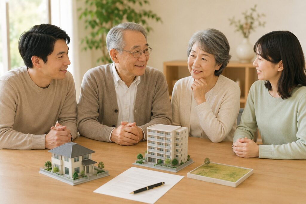 高齢の夫婦と成人した子どもが、住宅やマンションの模型、土地の模型、遺言書を囲みながら穏やかに話し合っている相続・遺言イメージイラスト。