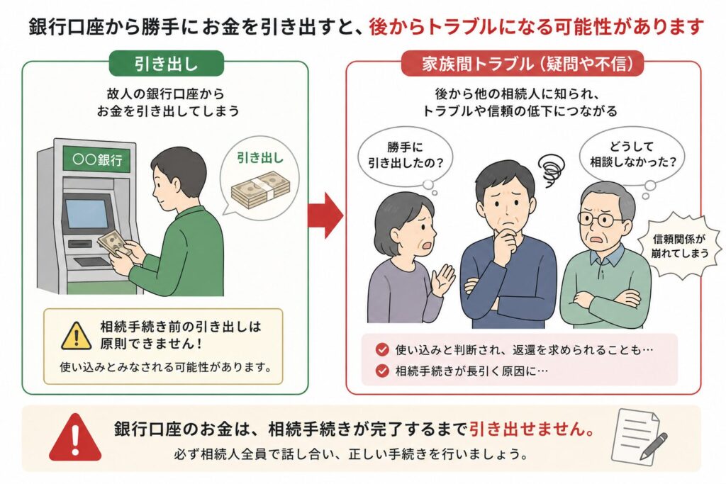銀行口座からお金を引き出す行為と、その後に家族間トラブルになる様子を対比した図解。無断引き出しが疑問や不信を生み、相続トラブルにつながることを示している