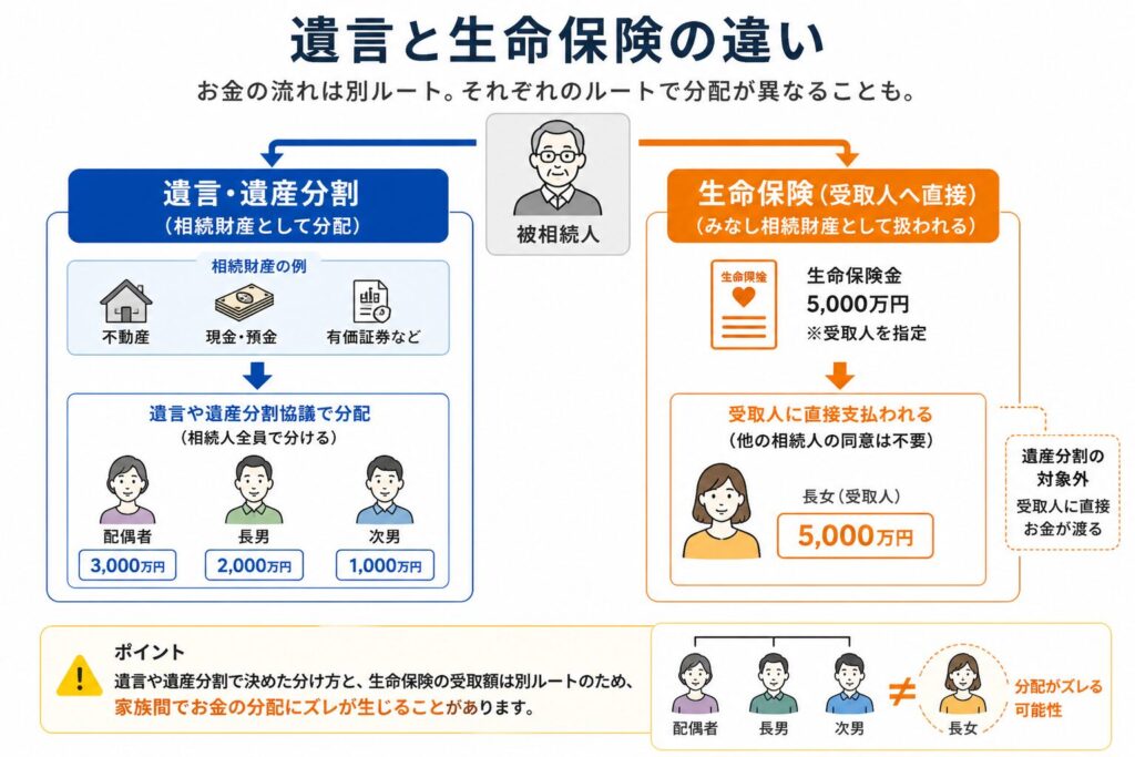 遺言・遺産分割と生命保険の違いを示す図。遺言は相続人全員で分配する一方、生命保険は受取人に直接支払われるため、お金の流れが別ルートになり分配がズレる可能性があることを示している。