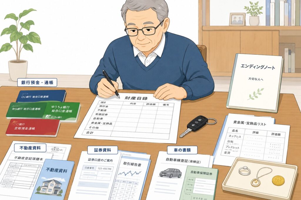 財産目録を作成する日本人高齢者が、銀行通帳、不動産資料、証券資料、車の書類、貴金属リストを机の上で整理しているイラスト。