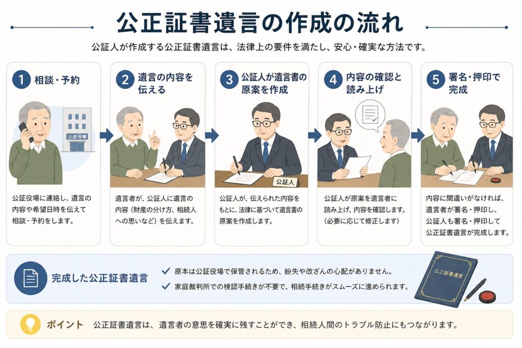 公正証書遺言の作成の流れを示す図解。相談・予約から始まり、遺言内容の伝達、公証人による原案作成、読み上げ確認、署名・押印までの手順を矢印で説明したインフォグラフィック