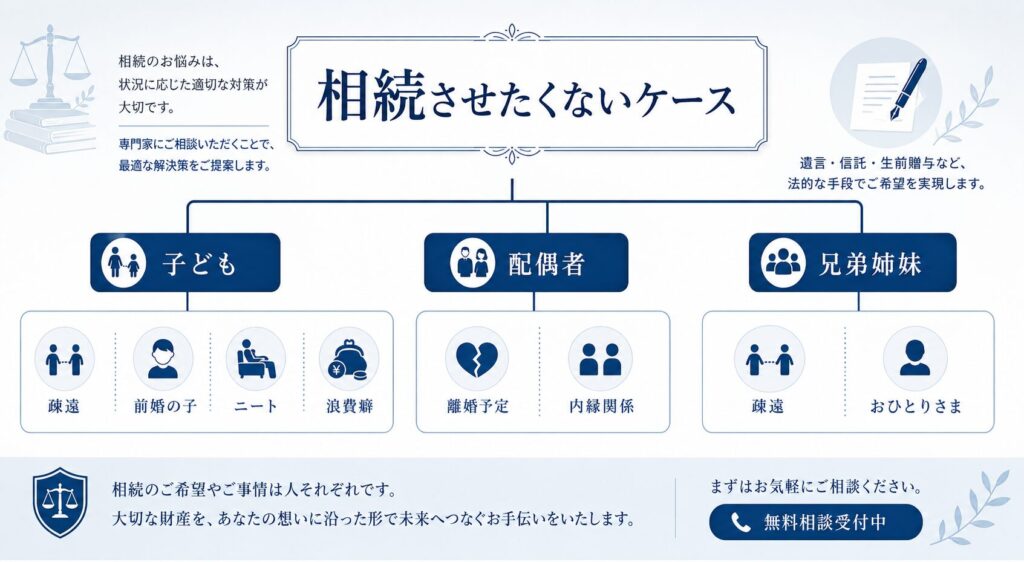「相続させたくないケース」をテーマに、子ども・配偶者・兄弟姉妹ごとの典型例を整理した相続問題のインフォグラフィック。