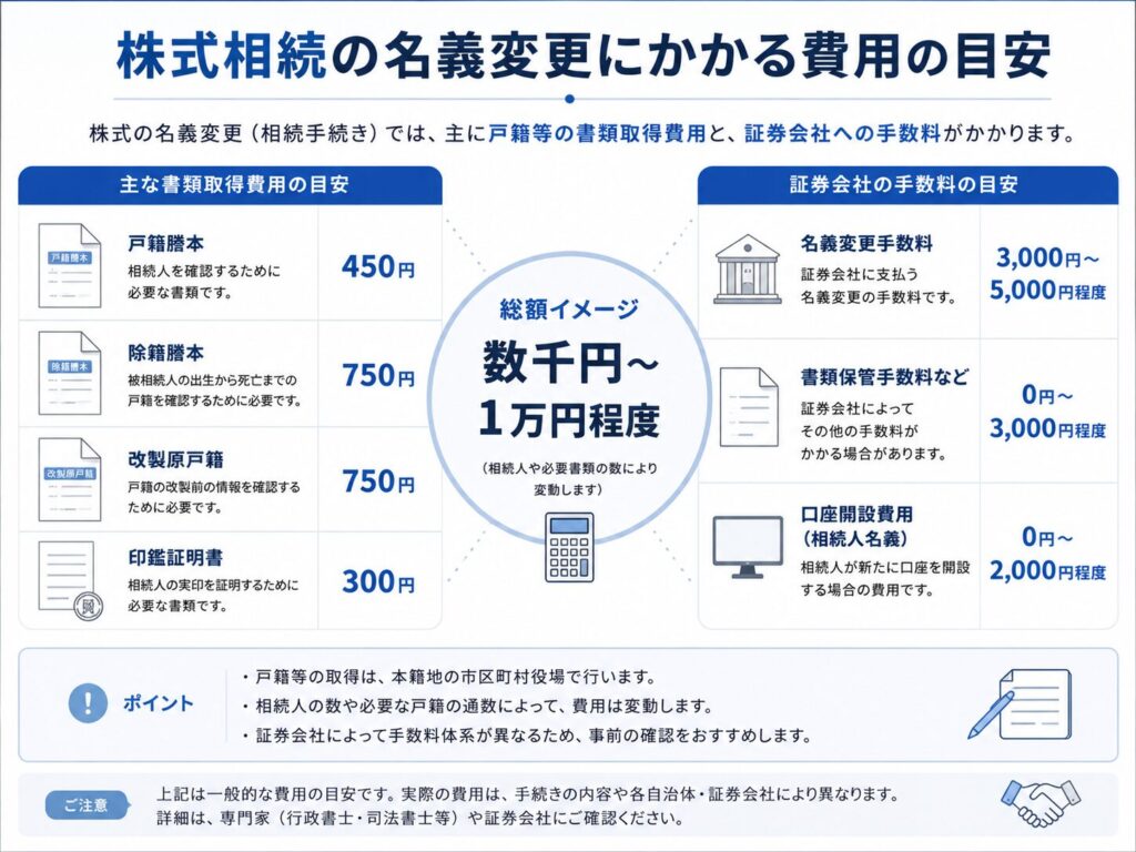 株式相続の名義変更にかかる費用の目安をまとめたインフォグラフィック。戸籍謄本450円、除籍謄本750円、改製原戸籍750円、印鑑証明書300円などの取得費用を一覧表示し、中央に「総額イメージ:数千円〜1万円程度」と大きく表示している。