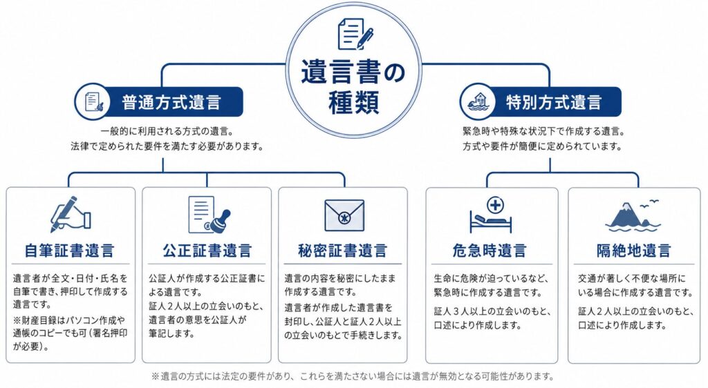 日本の遺言書の種類を整理したインフォグラフィック。中央の「遺言書の種類」から、「普通方式遺言」と「特別方式遺言」に分岐し、普通方式には「自筆証書遺言」「公正証書遺言」「秘密証書遺言」、特別方式には「危急時遺言」「隔絶地遺言」を配置。青とグレーを基調にした法律メディア向けのシンプルな図解。