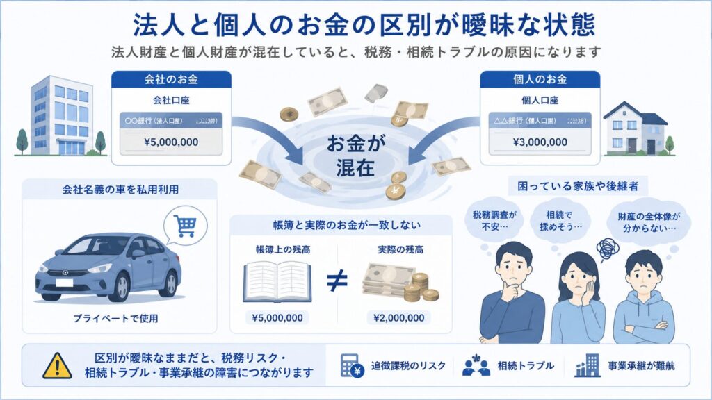 法人財産と個人財産が混在している状態を示す図解。会社口座と個人口座のお金が混ざり、会社名義の車を私用利用し、帳簿と実際の資金が一致せず、家族や後継者が困っている様子を表現。