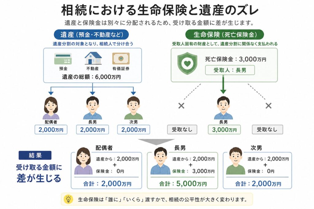 相続における生命保険と遺産の分配の違いを示す図。遺産は相続人で分割される一方、生命保険は特定の受取人に支払われるため受取額に差が生じる