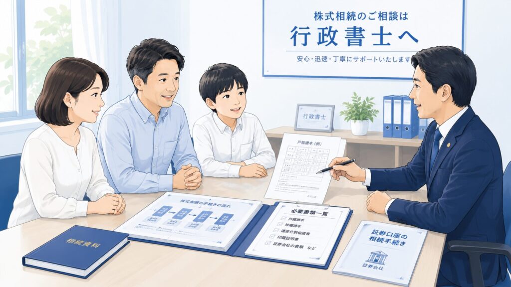 株式相続について行政書士へ相談している日本人家族のイラスト。行政書士が戸籍謄本や証券口座の相続手続き資料を説明し、家族が安心した表情で話を聞いている相談風景。