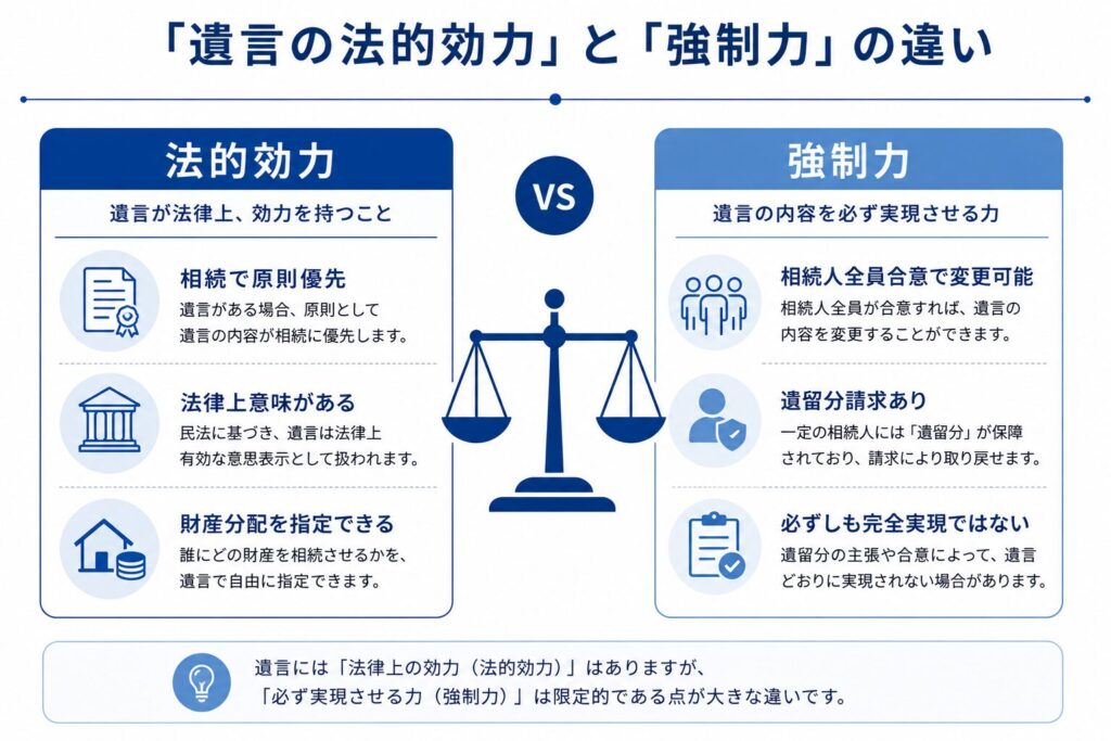 「遺言の法的効力」と「強制力」の違いを比較した日本向けインフォグラフィック。左側では、遺言は相続で原則優先され、法律上意味を持ち、財産分配を指定できることを説明。右側では、相続人全員の合意による変更、遺留分請求、完全には実現されない可能性など、“強制力には限界がある”点を整理している。中央に天秤アイコンを配置し、法的効力と実現可能性の違いを視覚化したデザイン。