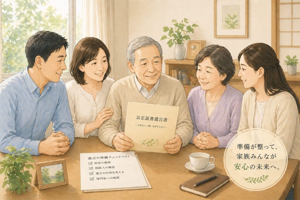遺言の準備が整い、家族が穏やかな表情で安心している様子のイラスト