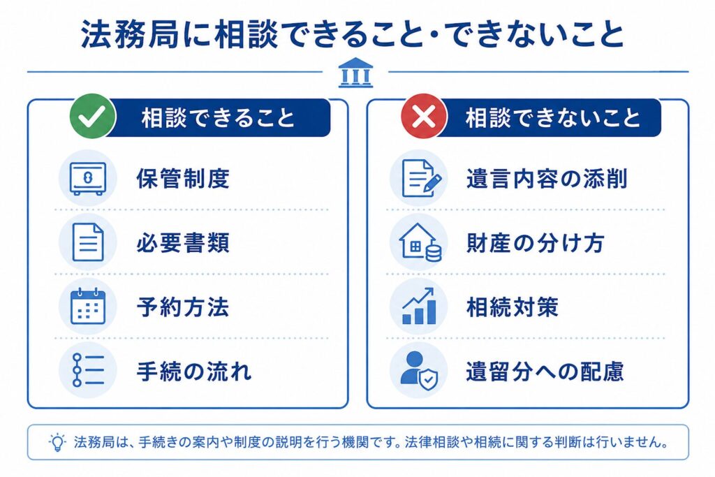 法務局に相談できること・できないことを比較したインフォグラフィック。相談できる内容として保管制度、必要書類、予約方法、手続の流れを示し、相談できない内容として遺言内容の添削、財産の分け方、相続対策、遺留分への配慮を整理している。