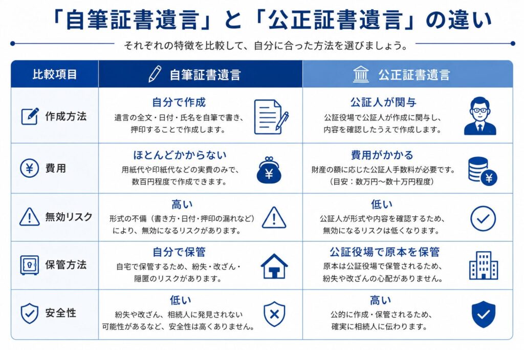 「自筆証書遺言」と「公正証書遺言」の違いを比較した日本向け表形式インフォグラフィック。作成方法、費用、無効リスク、保管方法、安全性の5項目について比較している。自筆証書遺言は「自分で作成」「費用がほとんどかからない」一方で、無効リスクや紛失リスクが高い点を表示。公正証書遺言は「公証人が関与」「公証役場で保管」など、安全性が高い特徴を整理している。