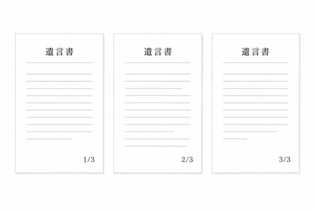 A4用紙3枚に「1/3」「2/3」「3/3」のページ番号が記載された、遺言書の複数ページ管理をイメージしたシンプルなフラットイラスト。