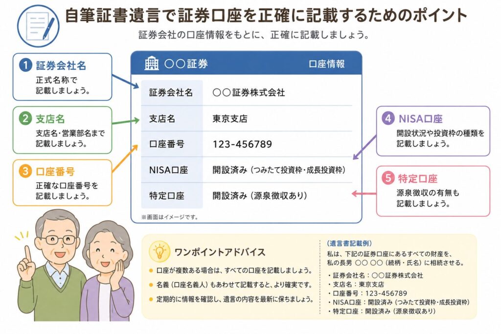 自筆証書遺言で証券口座を正確に記載するポイントを説明した図解。証券会社の口座情報画面を例に、「証券会社名」「支店名」「口座番号」「NISA口座」「特定口座」の位置を矢印で示し、高齢夫婦が確認している様子が描かれている。