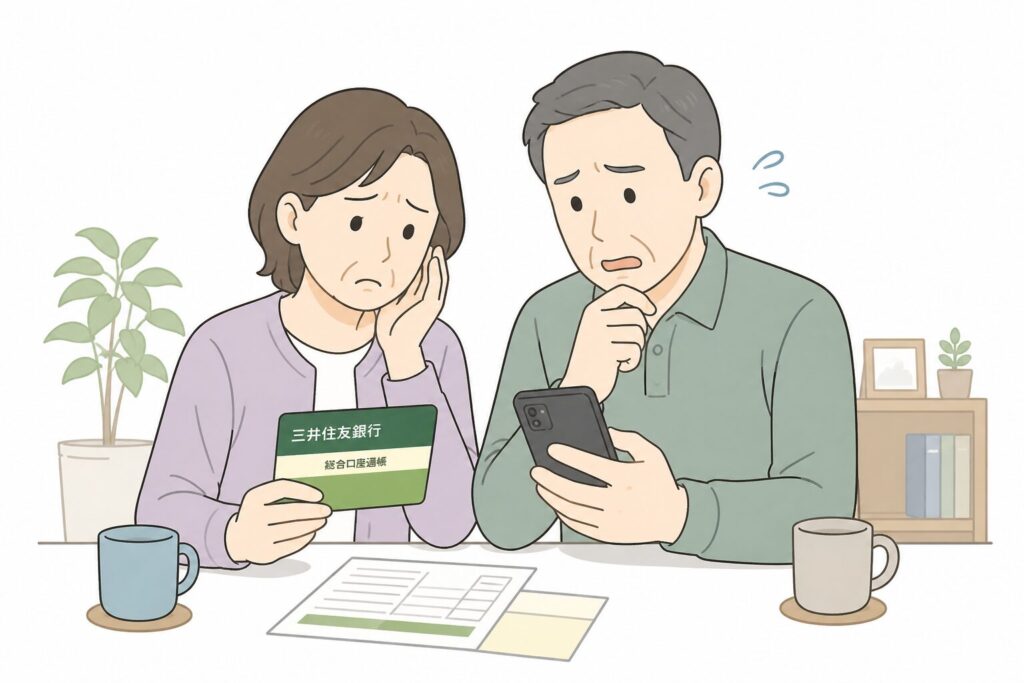 三井住友銀行の口座凍結により困っている日本人の夫婦が、自宅で通帳とスマートフォンを見ながら不安そうにしている様子のイラスト