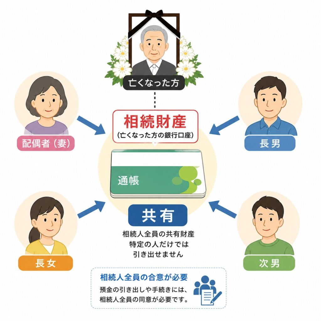 死亡した人の銀行口座が相続財産となり、配偶者や子どもなど複数の相続人で共有されることを示す図