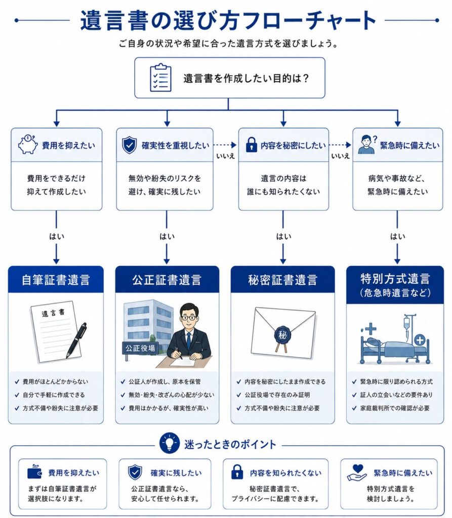 日本の遺言書の選び方を説明するフローチャート型インフォグラフィック。中央の質問「遺言書を作成したい目的は?」から、「費用を抑えたい」「確実性を重視したい」「内容を秘密にしたい」「緊急時に備えたい」に分岐。それぞれ「自筆証書遺言」「公正証書遺言」「秘密証書遺言」「特別方式遺言(危急時遺言など)」へ案内している。白背景に青系カラーを使った法律メディア向けデザイン。
