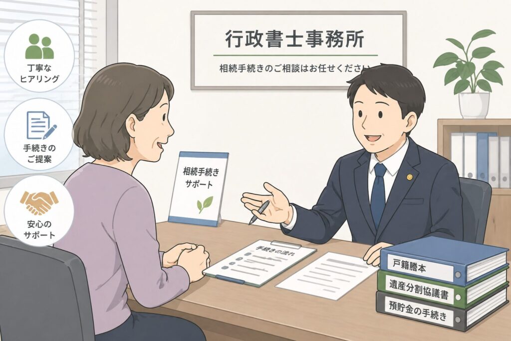 行政書士に相続手続きの相談をしている日本人の相談者が、安心した表情でデスク越しに専門家と話している様子のイラスト