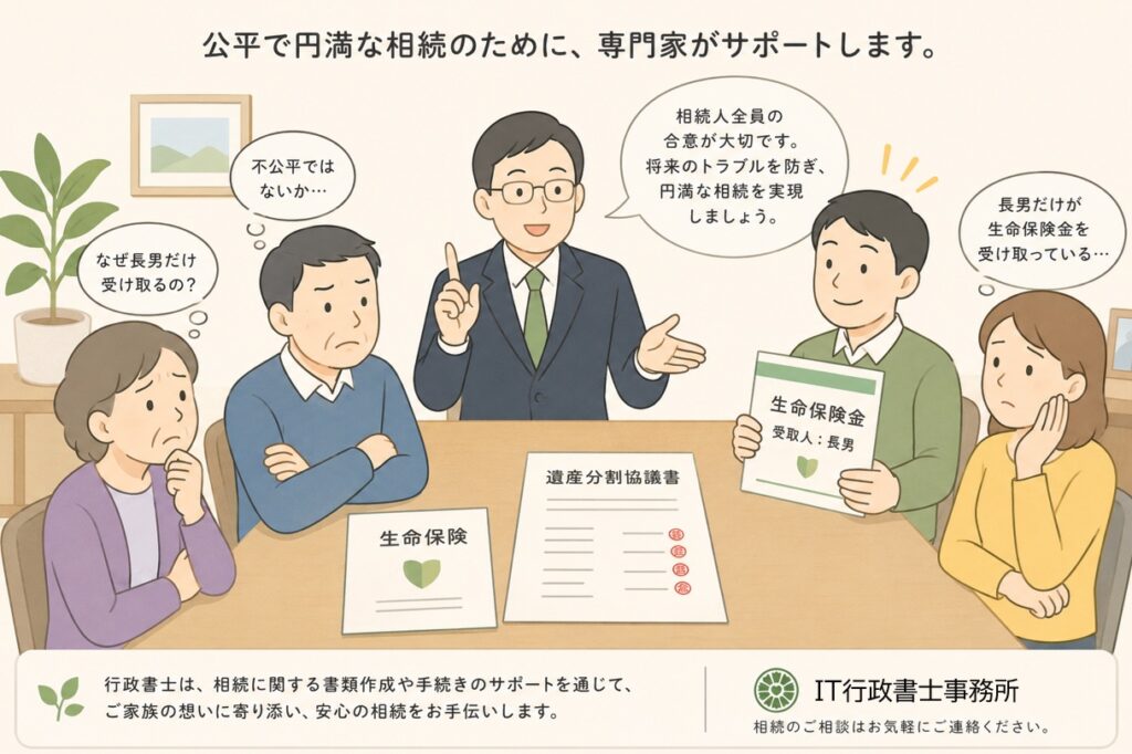 遺産分割の話し合いをする家族と行政書士。長男のみ生命保険を受け取り、他の兄弟が複雑な表情をしている様子