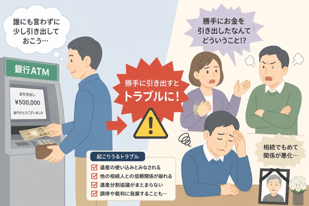 銀行口座からお金を引き出したことで相続人同士のトラブルになるイメージ