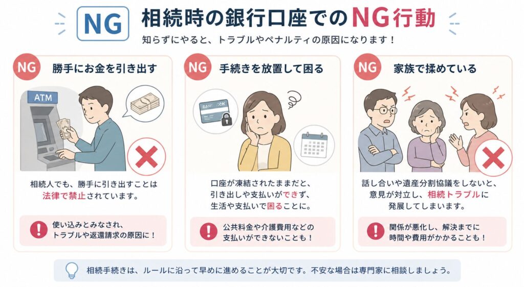 相続時の銀行口座でのNG行動を示した図。勝手にお金を引き出す、手続きを放置する、家族で揉めるの3つのケースをイラストで説明している