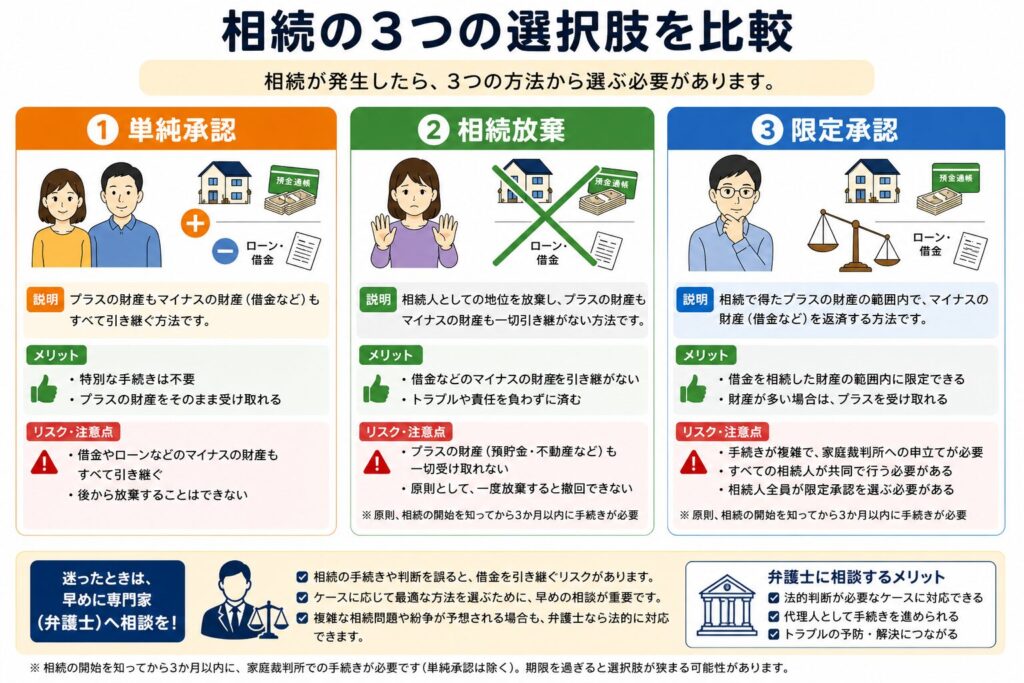 相続の3つの選択肢(単純承認・相続放棄・限定承認)を比較した図解。それぞれの仕組みやメリット、リスクを分かりやすくまとめている。