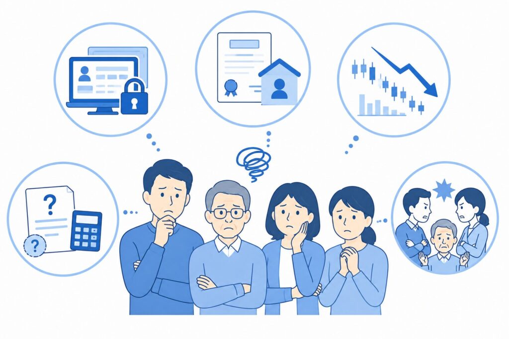 株式相続でよくある失敗例を示した図解。証券口座の放置、名義変更忘れ、株価下落、取得費不明、相続人同士のトラブルをアイコンで整理し、中央で日本人家族が困っている様子を表現したインフォグラフィック。