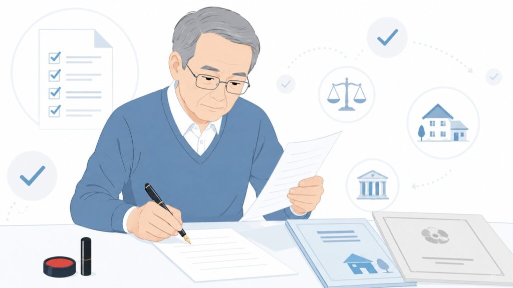 高齢の日本人男性が自宅の机で遺言書を確認しながら記入しているイラスト。机には万年筆や印鑑、戸籍書類、不動産関連書類が置かれ、背景にはチェックマークや書類アイコンが配置されている。