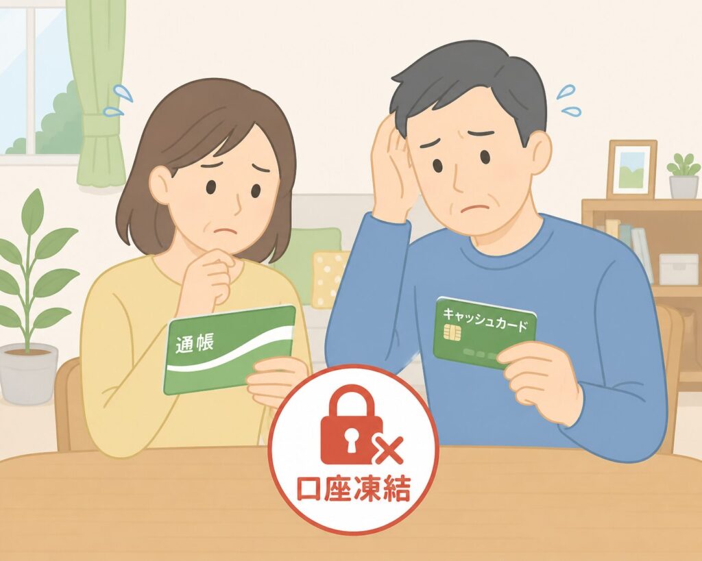口座凍結により通帳とキャッシュカードを前に困っている夫婦のイメージ