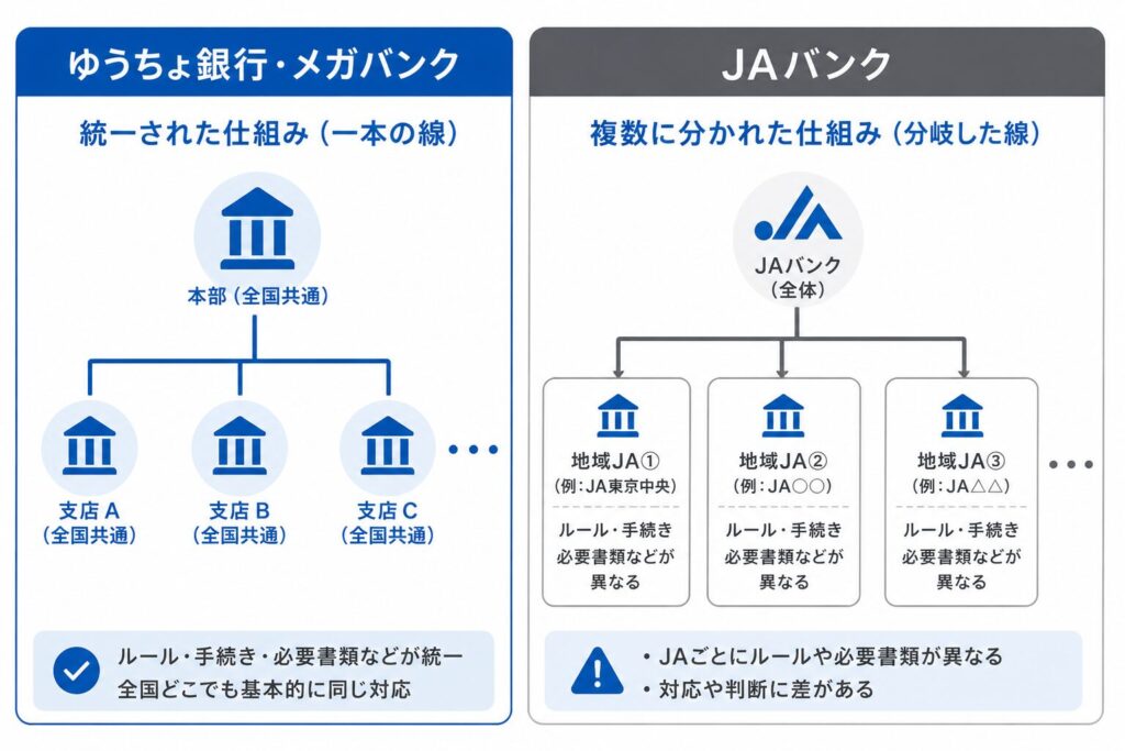ゆうちょ銀行・メガバンクは統一された仕組み、JAバンクは地域ごとに分かれた仕組みであることを対比した図解