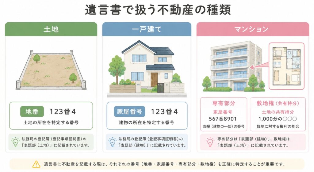 遺言書で扱う不動産の種類を比較した図解。土地・一戸建て・マンションを並べ、それぞれに地番、家屋番号、専有部分・敷地権の違いをわかりやすく表示している。