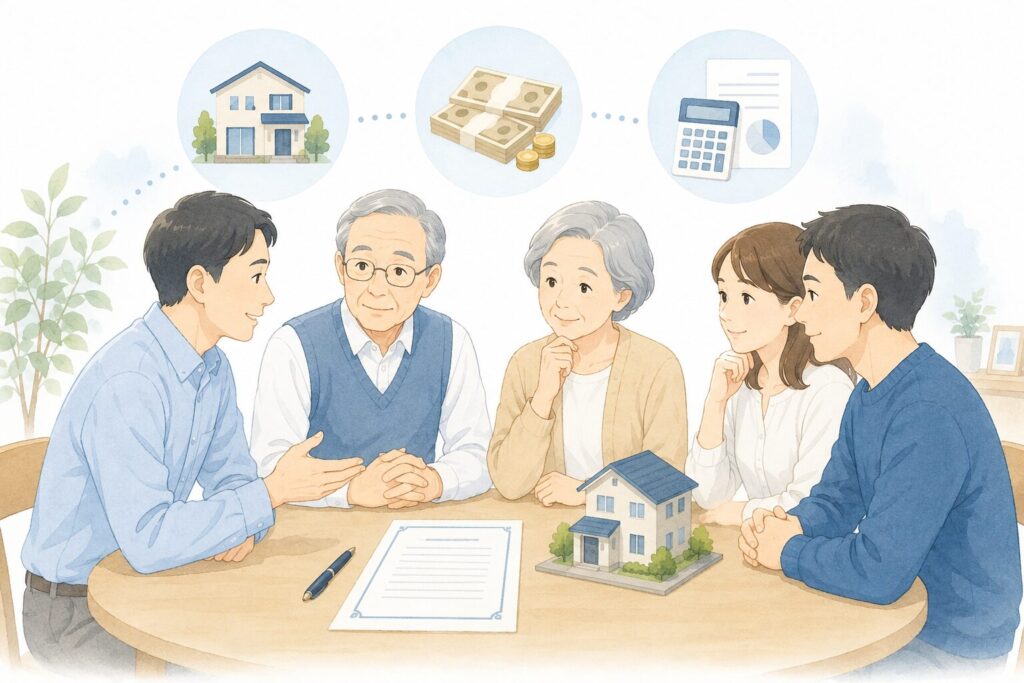 高齢の夫婦と成人した子ども2人が、テーブル上の遺言書や家の模型を囲みながら穏やかに話し合っている相続相談イラスト。背景には家・現金・税金をイメージしたアイコンが配置され、家族で相続について整理している様子が描かれている。