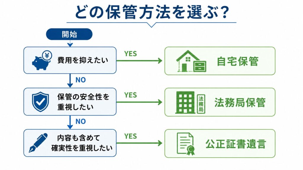 遺言書の保管方法を選ぶためのフローチャート。費用、安全性、確実性の重視度に応じて、自宅保管・法務局保管・公正証書遺言のいずれかを選ぶ流れを示している。