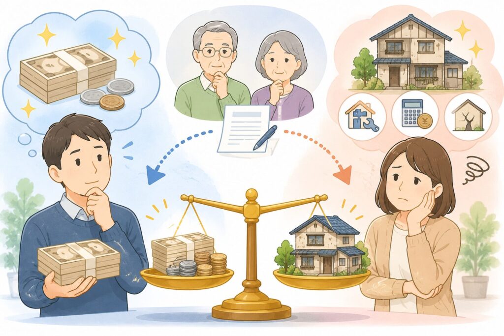 兄弟姉妹が相続財産を受け取っている様子を比較したイラスト。片方は現金を受け取り、もう片方は古い実家不動産を受け取っている。不動産側には固定資産税や修繕、管理負担を示すアイコンが配置され、「平等」と「公平」の違いを視覚的に表現している。