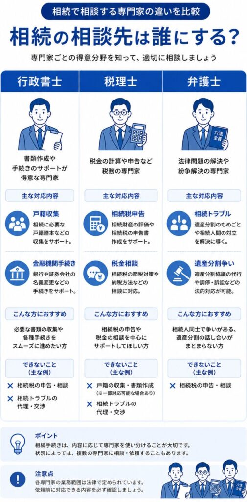 相続で相談する専門家の違いを比較した、日本向けの縦長インフォグラフィック。
行政書士、税理士、弁護士の3職種を横並びで比較し、それぞれの主な対応内容として「戸籍収集・金融機関手続き」「相続税申告・税金相談」「相続トラブル・遺産分割争い」を、青と白を基調にしたアイコン付きで整理している。