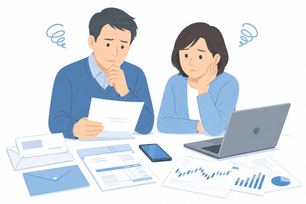 50代の日本人男女が、亡くなった家族の株式相続について悩んでいる様子。机の上には証券会社からの郵便物、配当金通知書、スマートフォン、ノートPC、株価チャートの資料が置かれているシンプルなフラットイラスト。