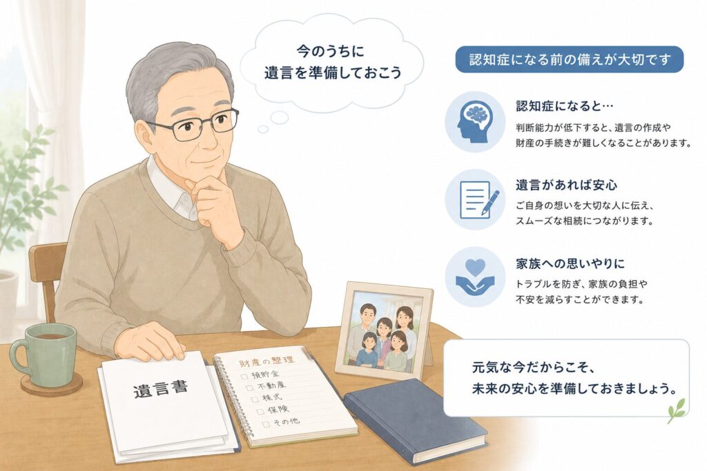 家族写真や遺言書の書類を見ながら、「今のうちに遺言を準備しておこう」と考えている日本の高齢者のイラスト。認知症リスクへの備えをテーマに、将来の安心や家族への思いやりを、やさしく落ち着いた雰囲気で表現している。