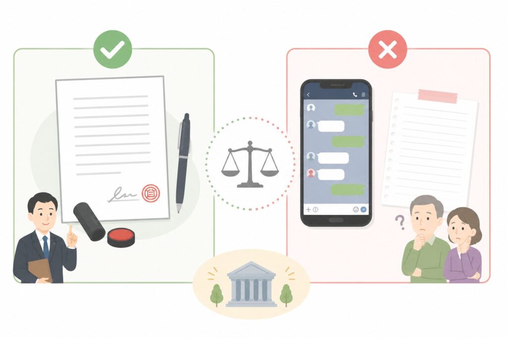 有効な遺言と無効になりやすいケースを比較した図解イラスト。左側は日付・署名・印鑑がそろった正式な遺言書、右側はLINE画面や署名のないメモを配置し、遺言では形式が重要であることを表現している。