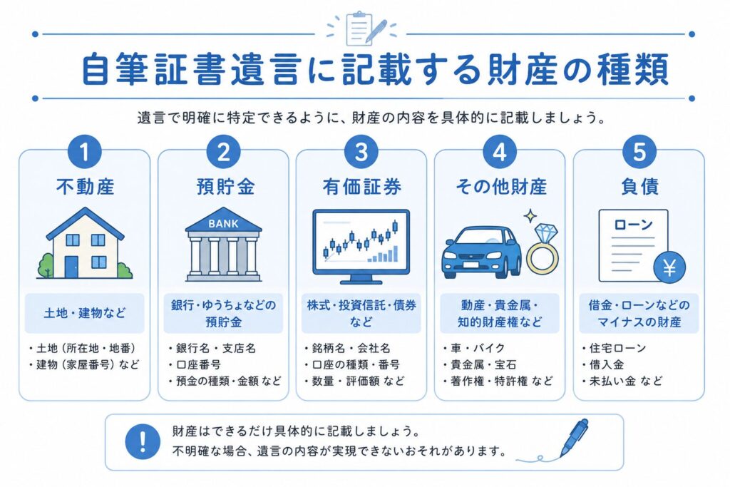 自筆証書遺言に記載する主な財産の種類を説明した日本向け図解。不動産、預貯金、有価証券、その他財産、負債をアイコン付きで整理し、遺言書に具体的に記載する重要性をわかりやすく示している。