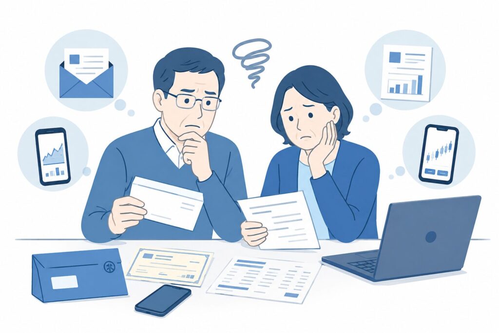 株式相続で困っている50代の男女が、証券会社からの郵便物や配当通知書、スマートフォンやノートPCを前に悩んでいる様子