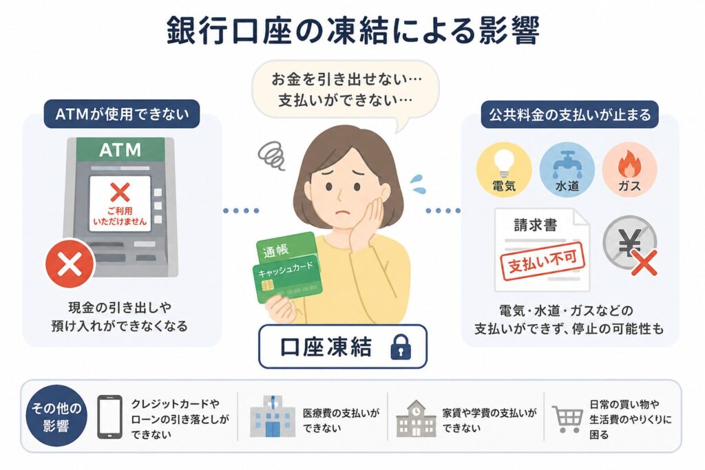 銀行口座凍結によりATMが使えず、公共料金の支払いが止まり困っている様子の図解