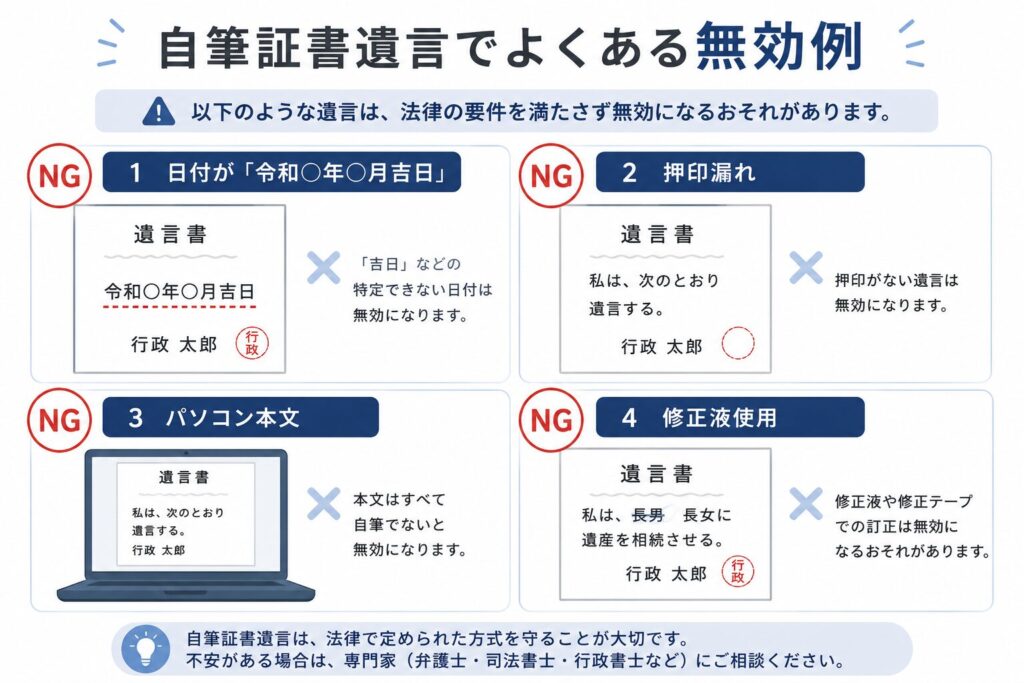自筆証書遺言で無効になりやすい例を、NGマーク付きで解説した図解イラスト。日付を「令和◯年◯月吉日」と記載した例、押印漏れ、パソコンで作成した本文、修正液を使った修正方法などを、イラスト付きでわかりやすく整理している。