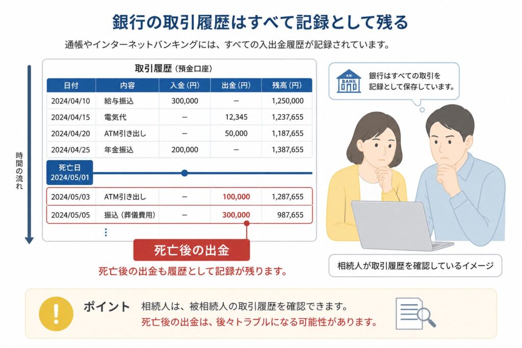 銀行の取引履歴に入出金記録が残り、死亡後の出金が確認できることを示す図解