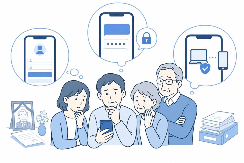 相続後にSBI証券へログインできず困っている日本人家族のイラスト。スマートフォンのログイン画面やSMS認証、デバイス認証のイメージが表示され、ネット証券特有の相続手続きの難しさを表現している。