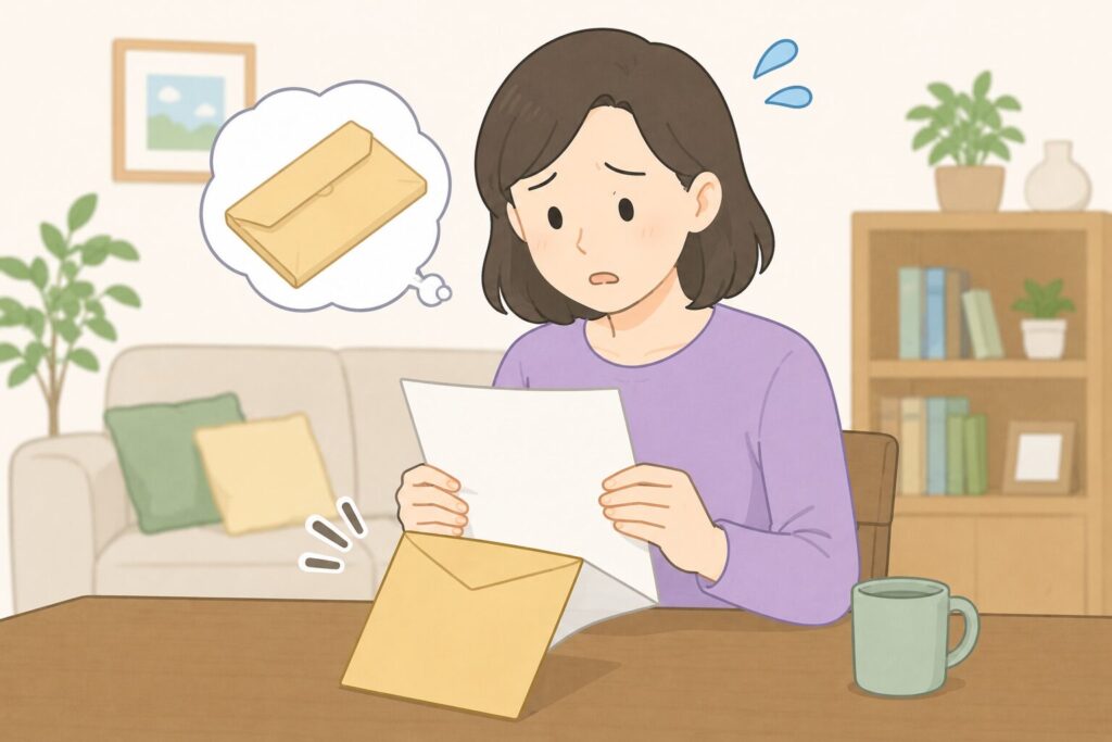 遺言書の封筒を開封してしまい、少し困った表情で書類を確認する相続人のイラスト。