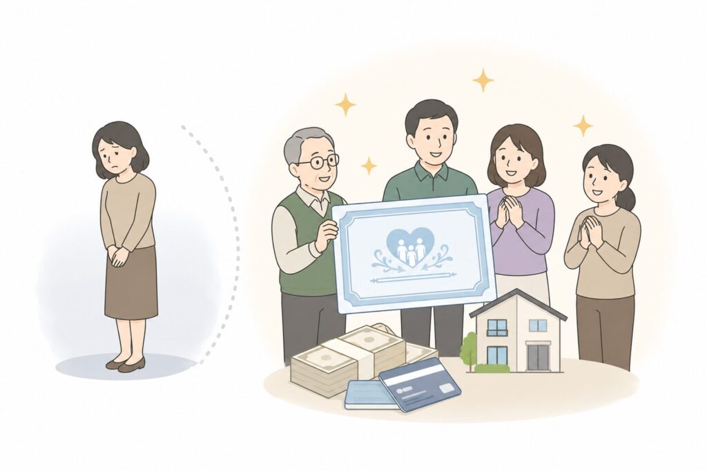 生命保険金を受け取る家族から一人だけ外れ、孤独感を抱えている相続人の様子を示したイラスト