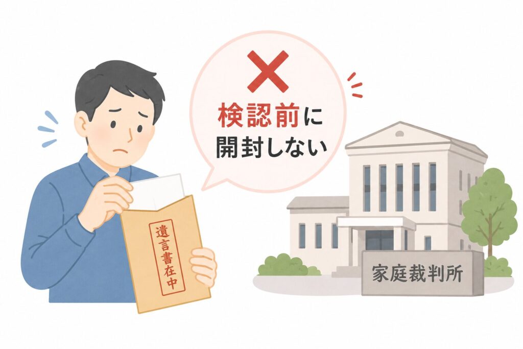 「遺言書在中」と書かれた封筒を開封しようとする人物と、家庭裁判所の建物を並べて、「検認前に開封しない」ことを注意喚起している法律解説イラスト