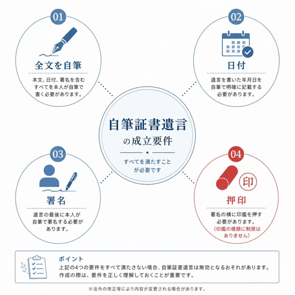 自筆証書遺言の成立要件を整理したインフォグラフィック。全文を自筆・日付・署名・押印の4要件を円形レイアウトで配置し、押印のみ赤色で強調している。