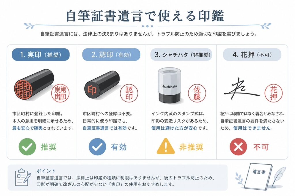 自筆証書遺言で使用できる印鑑の種類を比較した図解。実印・認印・シャチハタ・花押を横並びで紹介し、それぞれに推奨・有効・非推奨・不可の評価マークが付いている。